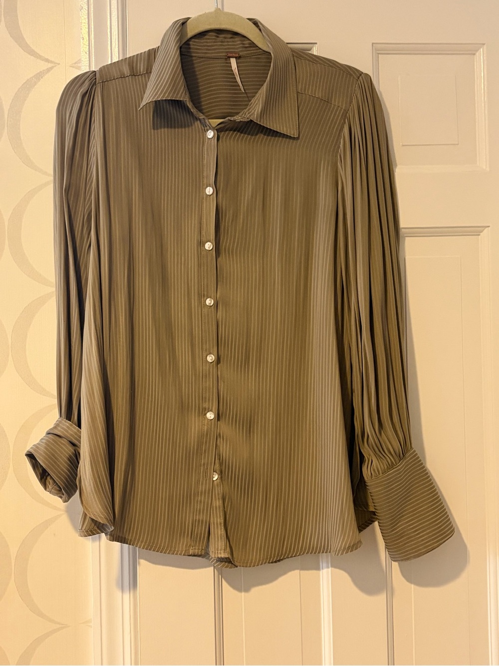 Free People Olive Green Pleated Button-Down Shirt